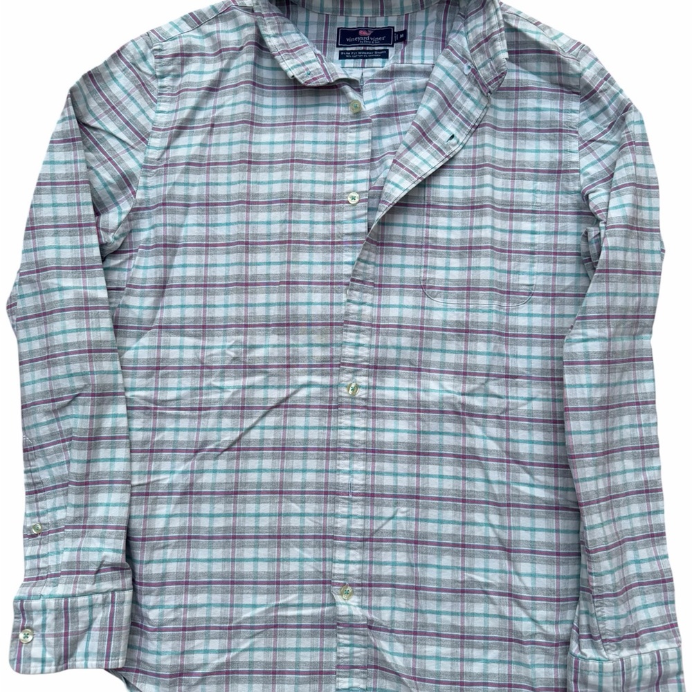 Vineyard Vines Plaid Button Down Shirt Medium Green Purple Whale Logo